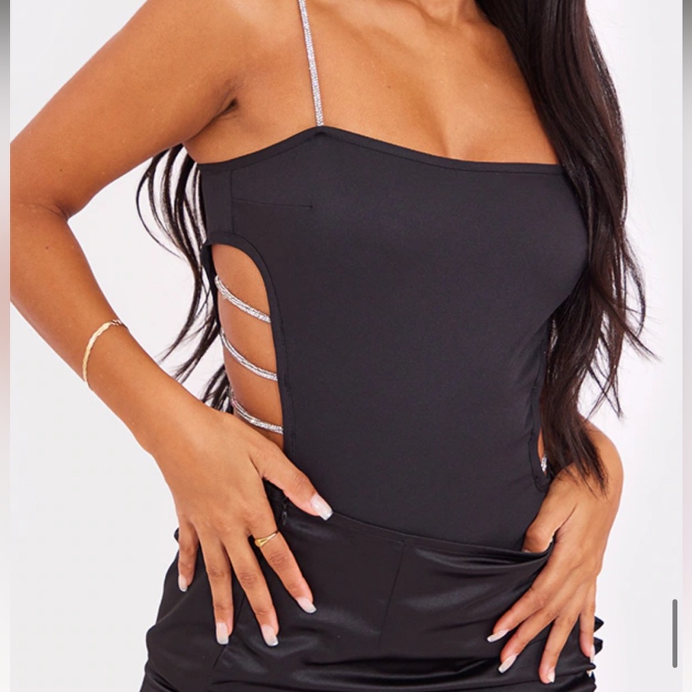 PrettyLittleThing Black Diamante Trim Cut Out Side Bodysuit